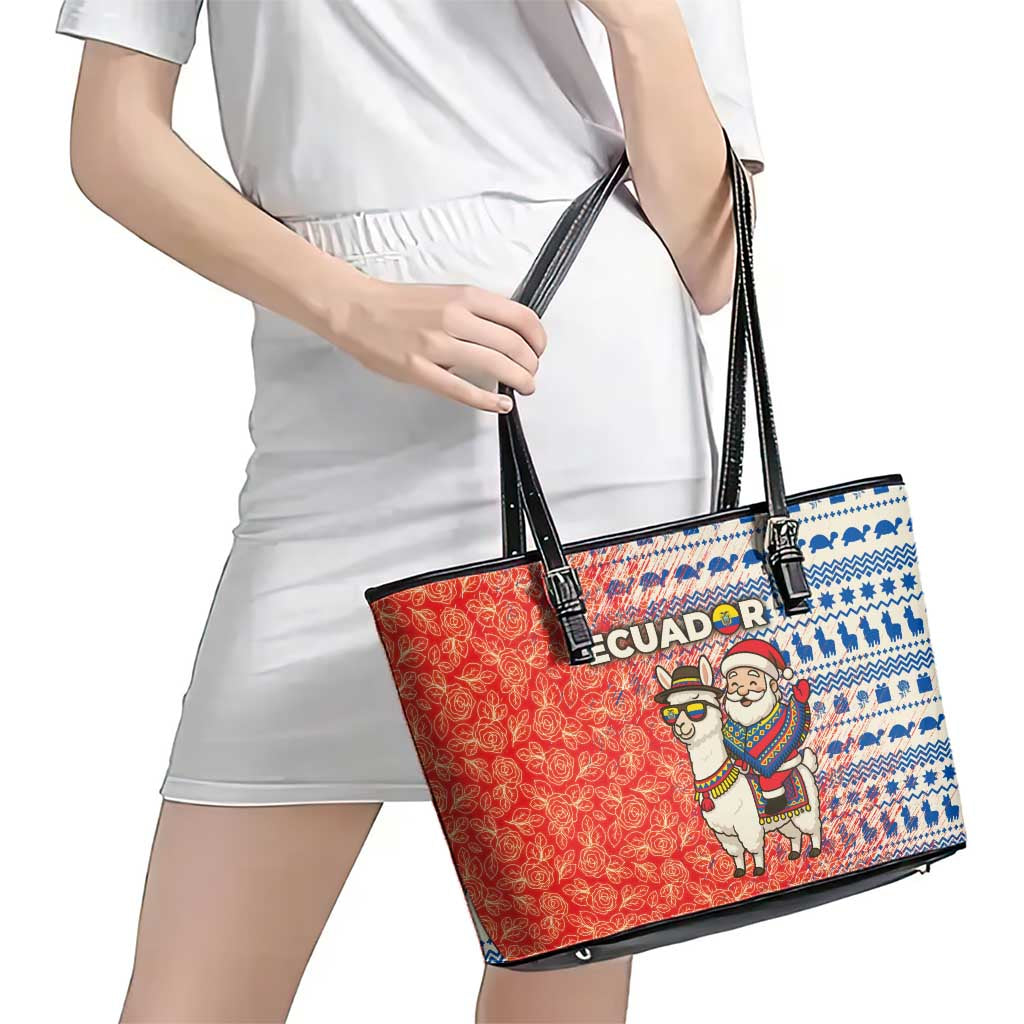 Ecuador Christmas Leather Tote Bag with Santa Riding Llama Traditional Patterns and Rose Design - Wonder Print Shop