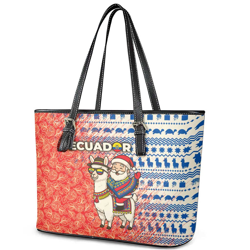 Ecuador Christmas Leather Tote Bag with Santa Riding Llama Traditional Patterns and Rose Design - Wonder Print Shop