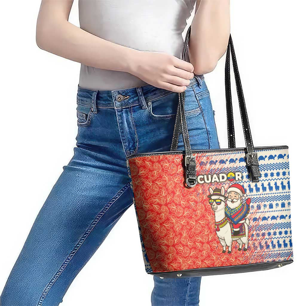 Ecuador Christmas Leather Tote Bag with Santa Riding Llama Traditional Patterns and Rose Design - Wonder Print Shop