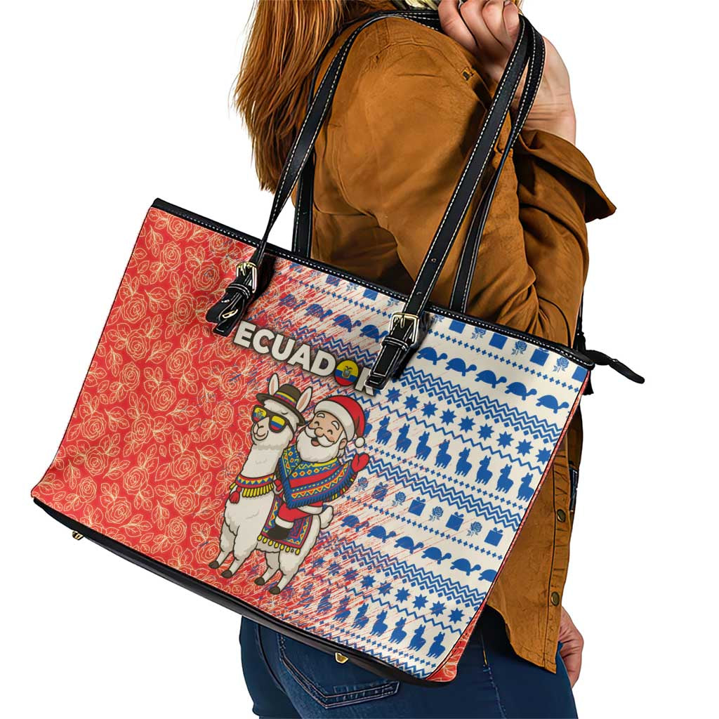 Ecuador Christmas Leather Tote Bag with Santa Riding Llama Traditional Patterns and Rose Design - Wonder Print Shop