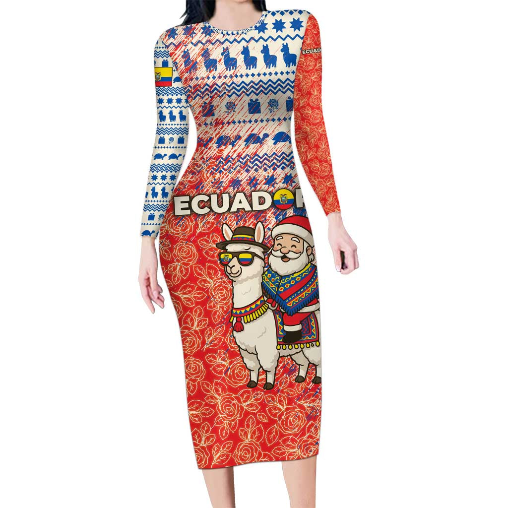 Ecuador Christmas Long Sleeve Bodycon Dress with Santa Riding Llama Traditional Patterns and Rose Design - Wonder Print Shop