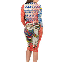 Ecuador Christmas Long Sleeve Bodycon Dress with Santa Riding Llama Traditional Patterns and Rose Design - Wonder Print Shop