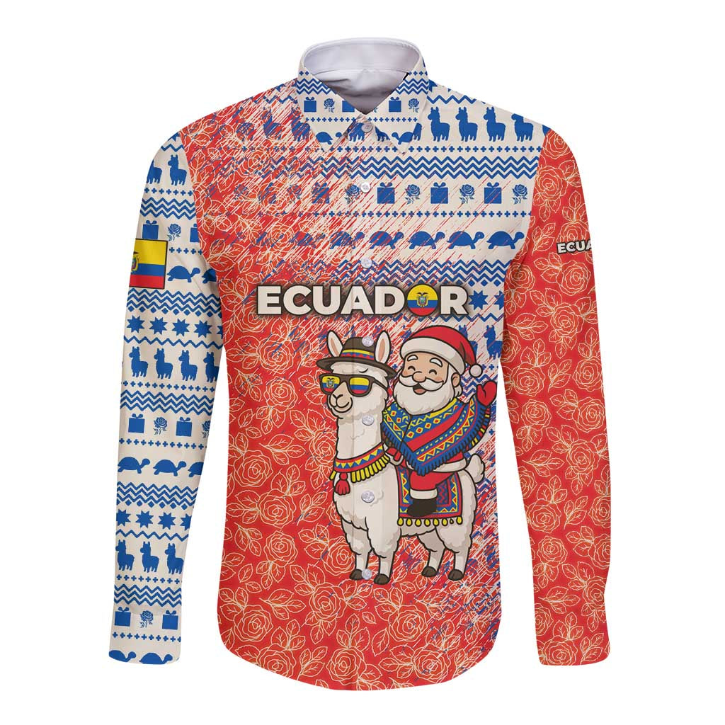 Ecuador Christmas Long Sleeve Button Shirt with Santa Riding Llama Traditional Patterns and Rose Design - Wonder Print Shop