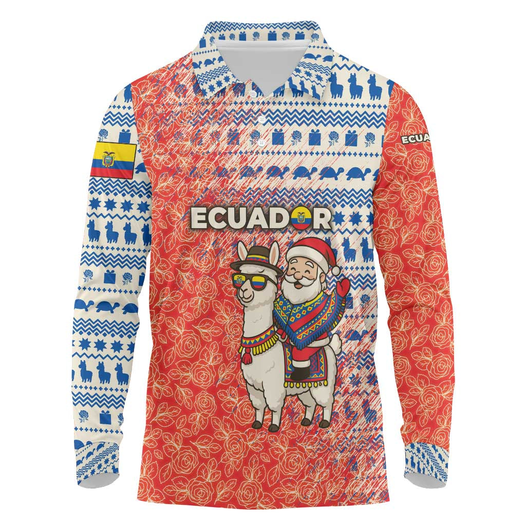 Ecuador Christmas Long Sleeve Polo Shirt with Santa Riding Llama Traditional Patterns and Rose Design - Wonder Print Shop