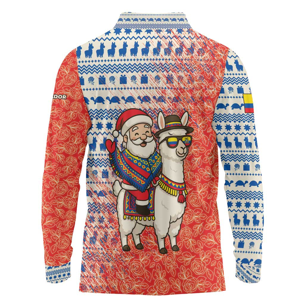 Ecuador Christmas Long Sleeve Polo Shirt with Santa Riding Llama Traditional Patterns and Rose Design - Wonder Print Shop