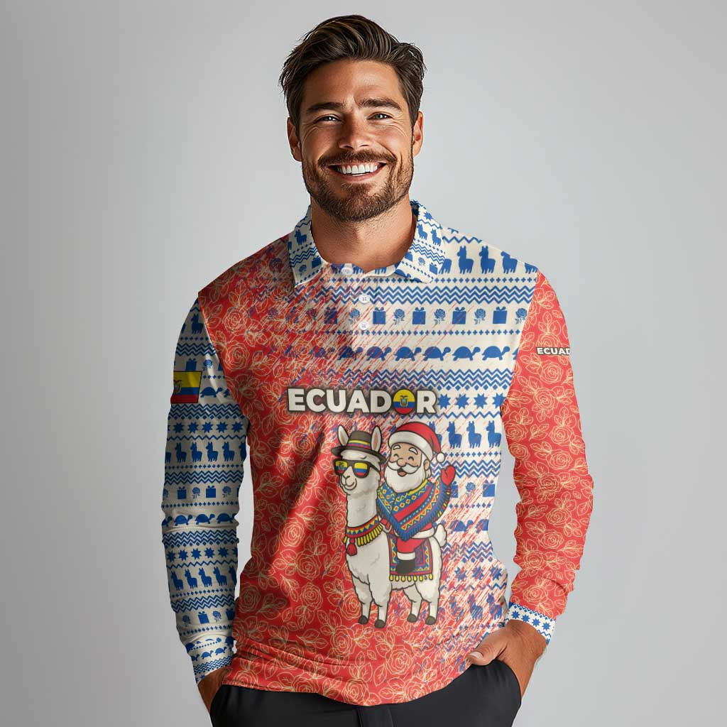 Ecuador Christmas Long Sleeve Polo Shirt with Santa Riding Llama Traditional Patterns and Rose Design - Wonder Print Shop