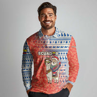 Ecuador Christmas Long Sleeve Polo Shirt with Santa Riding Llama Traditional Patterns and Rose Design - Wonder Print Shop