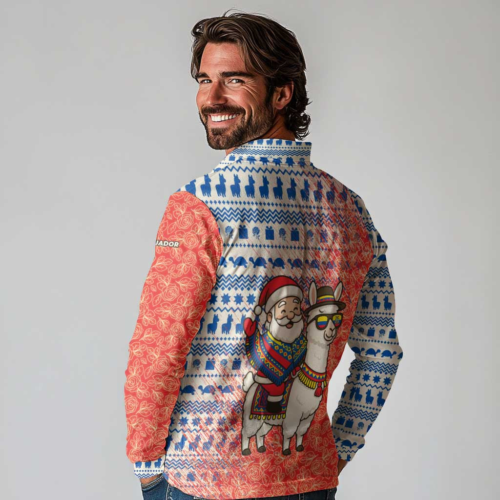 Ecuador Christmas Long Sleeve Polo Shirt with Santa Riding Llama Traditional Patterns and Rose Design - Wonder Print Shop