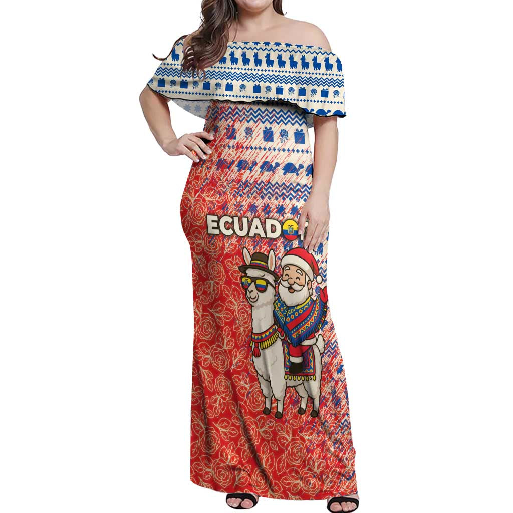 Ecuador Christmas Off Shoulder Maxi Dress with Santa Riding Llama Traditional Patterns and Rose Design - Wonder Print Shop