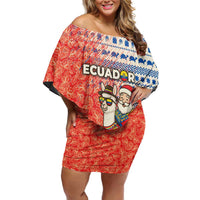 Ecuador Christmas Off Shoulder Short Dress with Santa Riding Llama Traditional Patterns and Rose Design - Wonder Print Shop