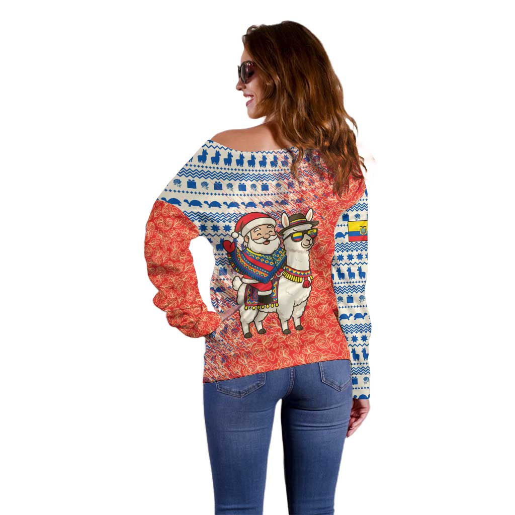 Ecuador Christmas Off Shoulder Sweater with Santa Riding Llama Traditional Patterns and Rose Design - Wonder Print Shop