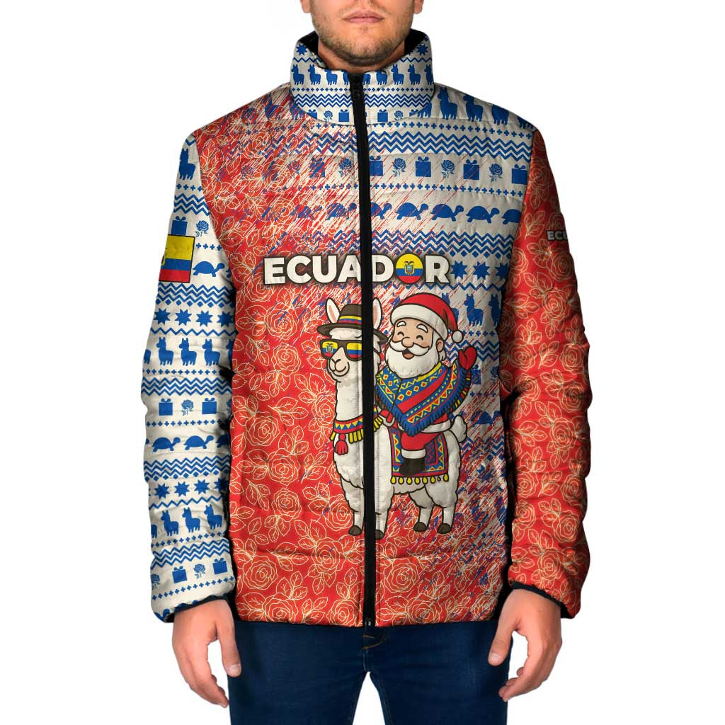 Ecuador Christmas Padded Jacket with Santa Riding Llama Traditional Patterns and Rose Design - Wonder Print Shop