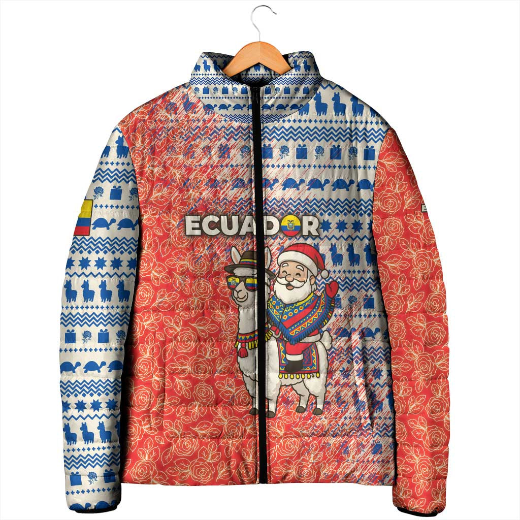 Ecuador Christmas Padded Jacket with Santa Riding Llama Traditional Patterns and Rose Design - Wonder Print Shop