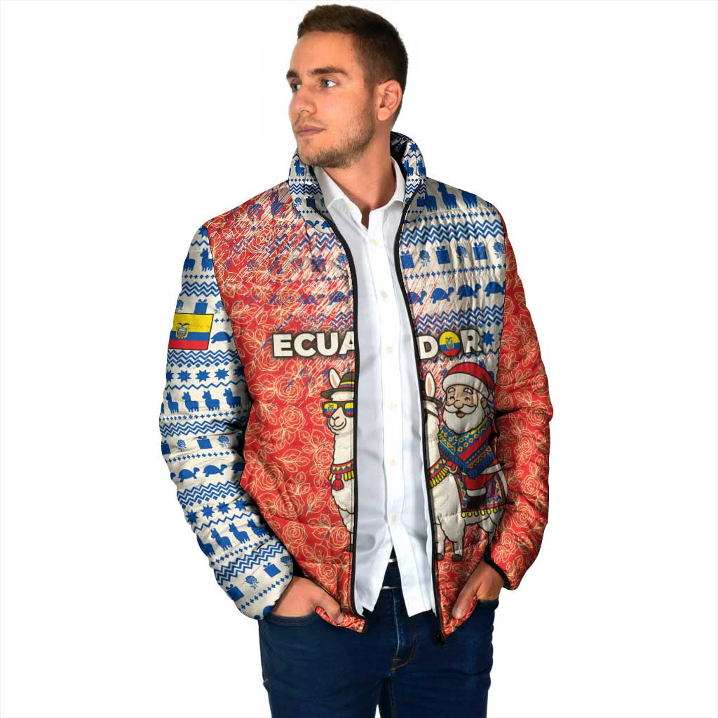 Ecuador Christmas Padded Jacket with Santa Riding Llama Traditional Patterns and Rose Design - Wonder Print Shop