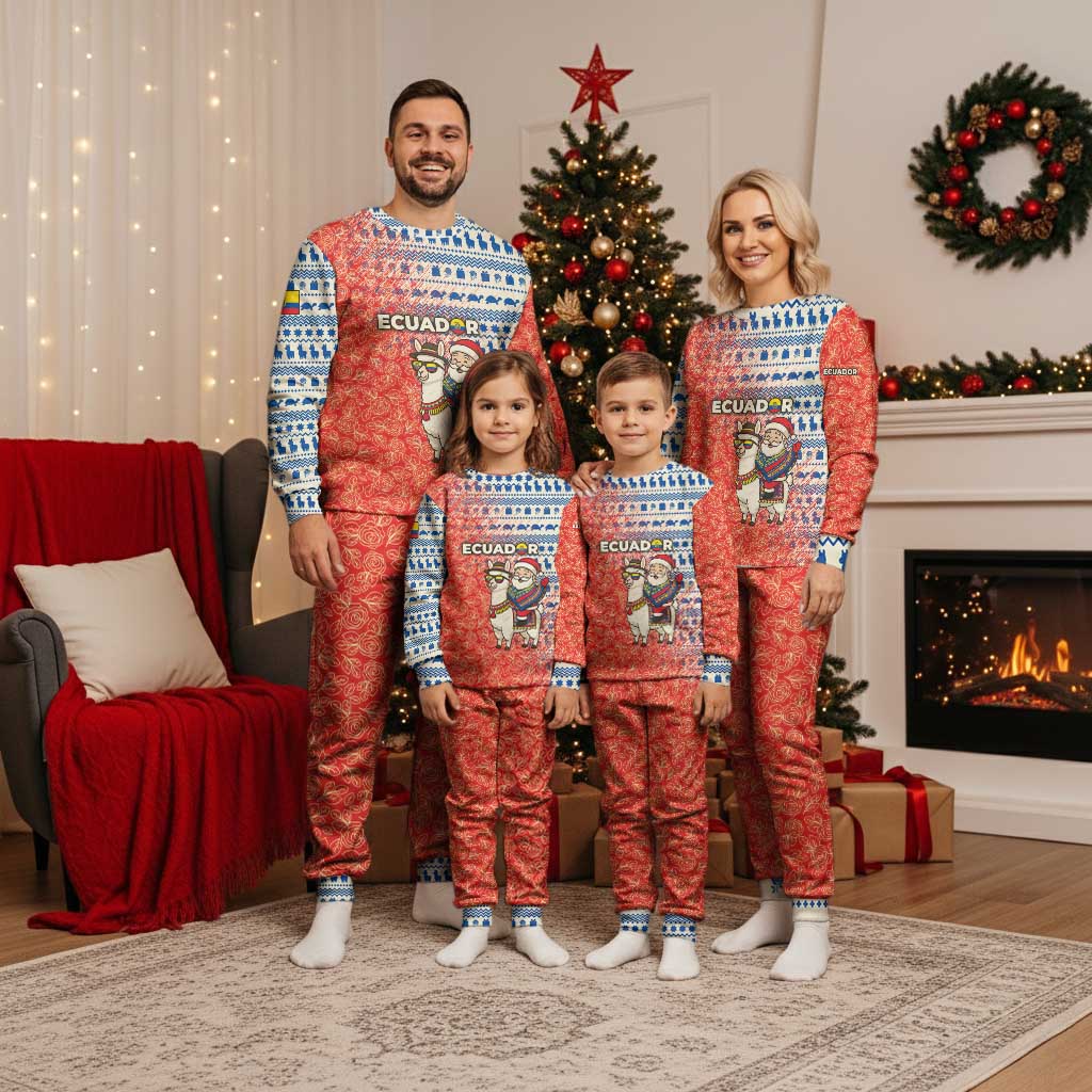 Ecuador Christmas Pajama Set with Santa Riding Llama Traditional Patterns and Rose Design - Wonder Print Shop