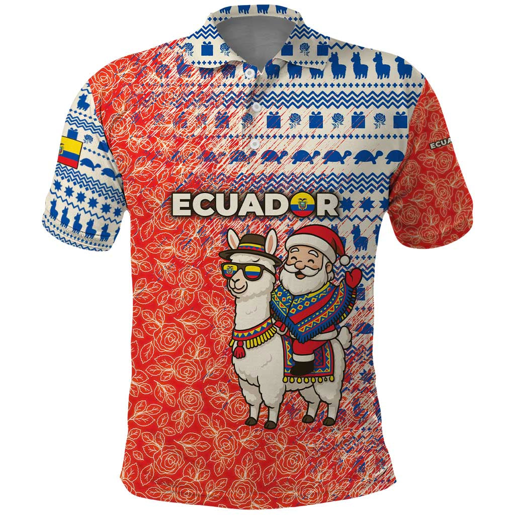 Ecuador Christmas Polo Shirt with Santa Riding Llama Traditional Patterns and Rose Design - Wonder Print Shop