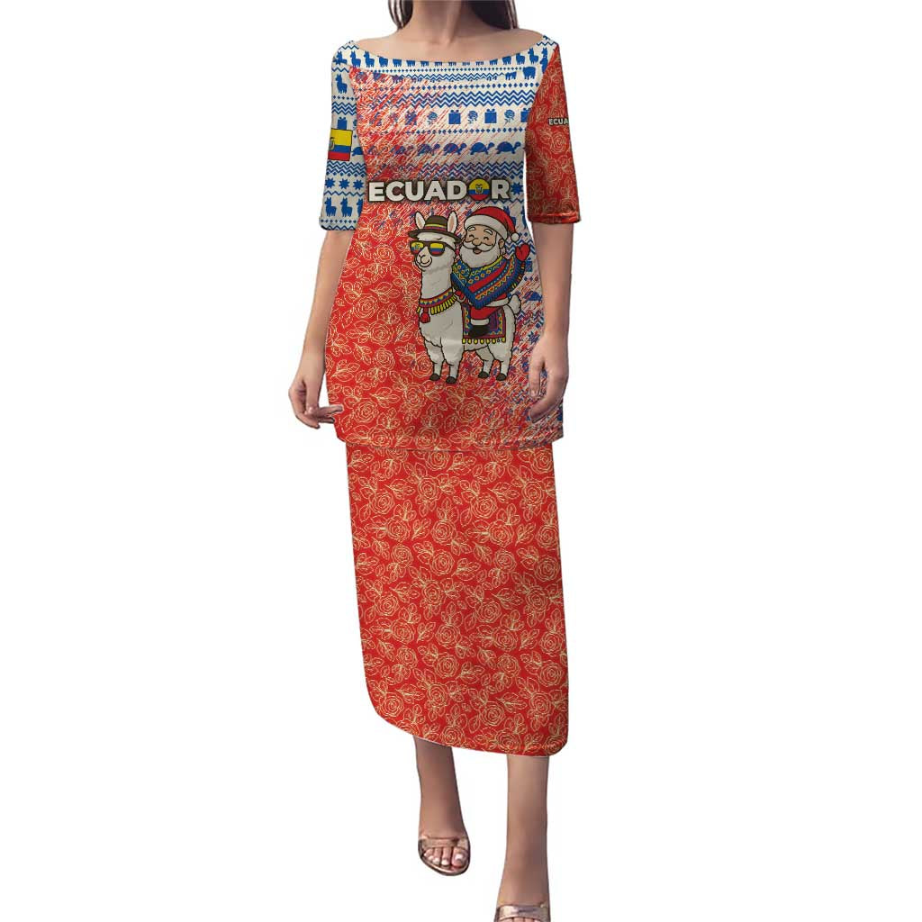 Ecuador Christmas Puletasi with Santa Riding Llama Traditional Patterns and Rose Design - Wonder Print Shop
