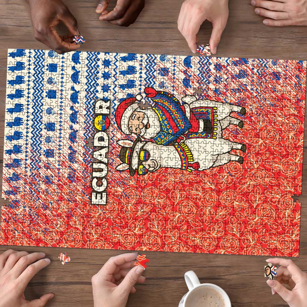 Ecuador Christmas Puzzle with Santa Riding Llama Traditional Patterns and Rose Design - Wonder Print Shop