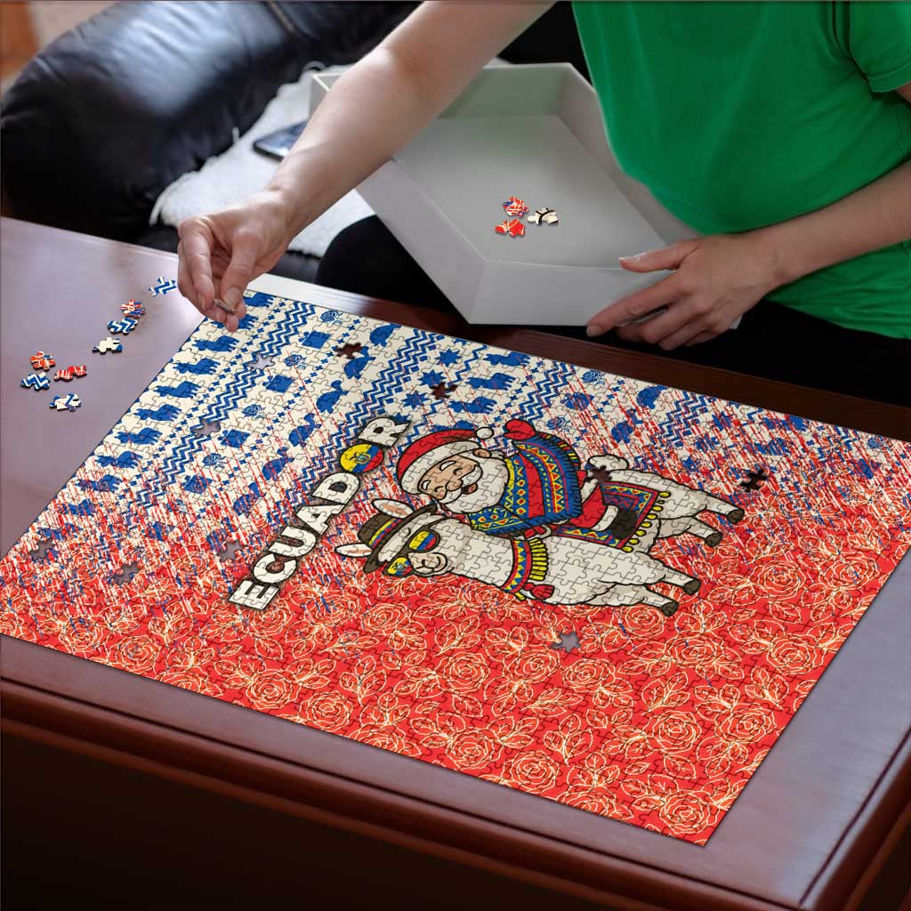 Ecuador Christmas Puzzle with Santa Riding Llama Traditional Patterns and Rose Design - Wonder Print Shop