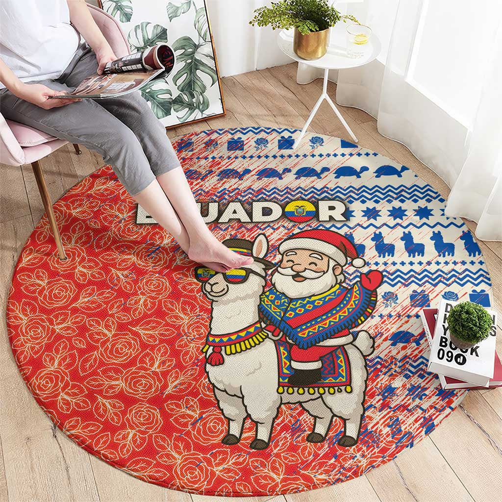 Ecuador Christmas Round Carpet with Santa Riding Llama Traditional Patterns and Rose Design - Wonder Print Shop