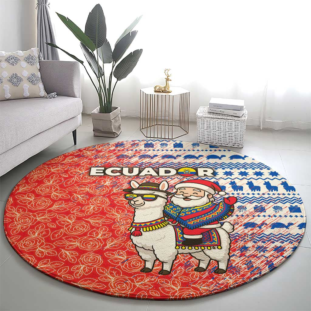 Ecuador Christmas Round Carpet with Santa Riding Llama Traditional Patterns and Rose Design - Wonder Print Shop