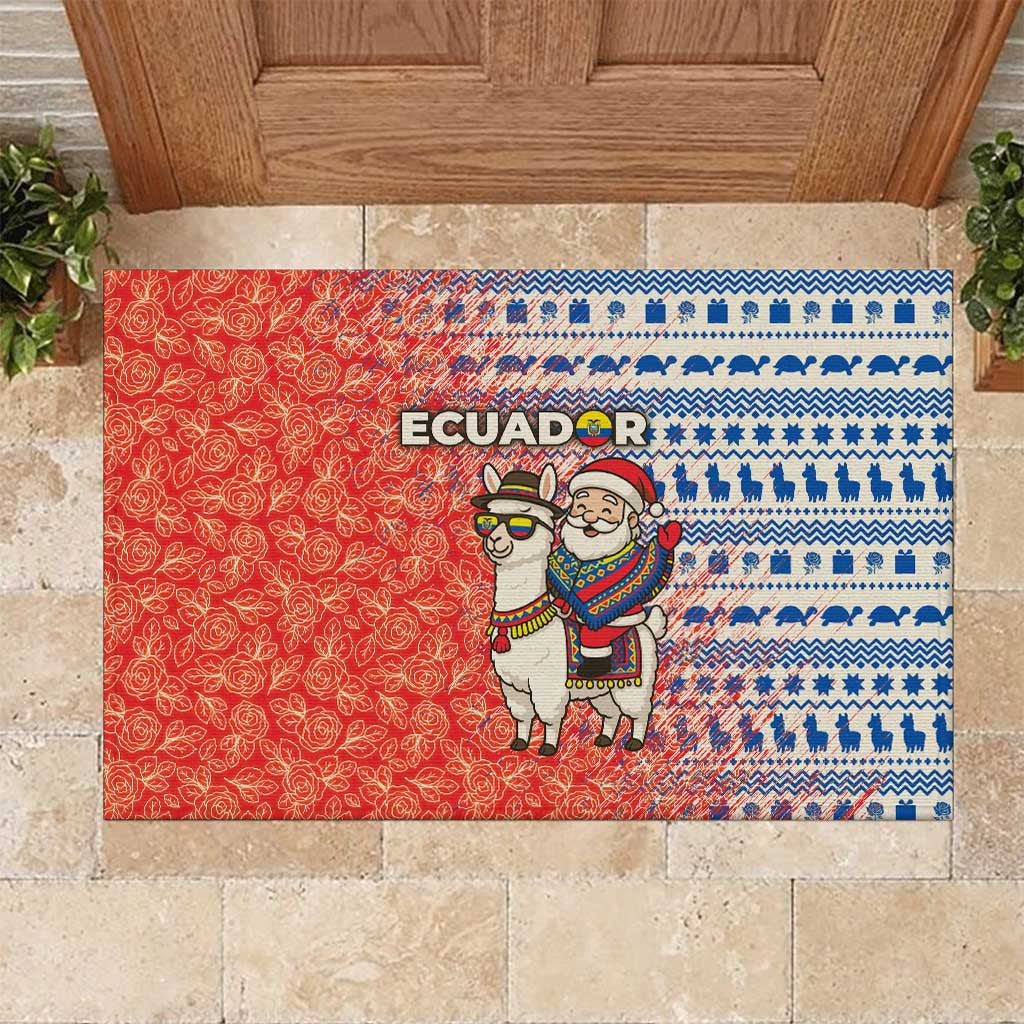 Ecuador Christmas Rubber Doormat with Santa Riding Llama Traditional Patterns and Rose Design - Wonder Print Shop