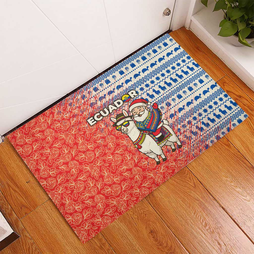 Ecuador Christmas Rubber Doormat with Santa Riding Llama Traditional Patterns and Rose Design - Wonder Print Shop