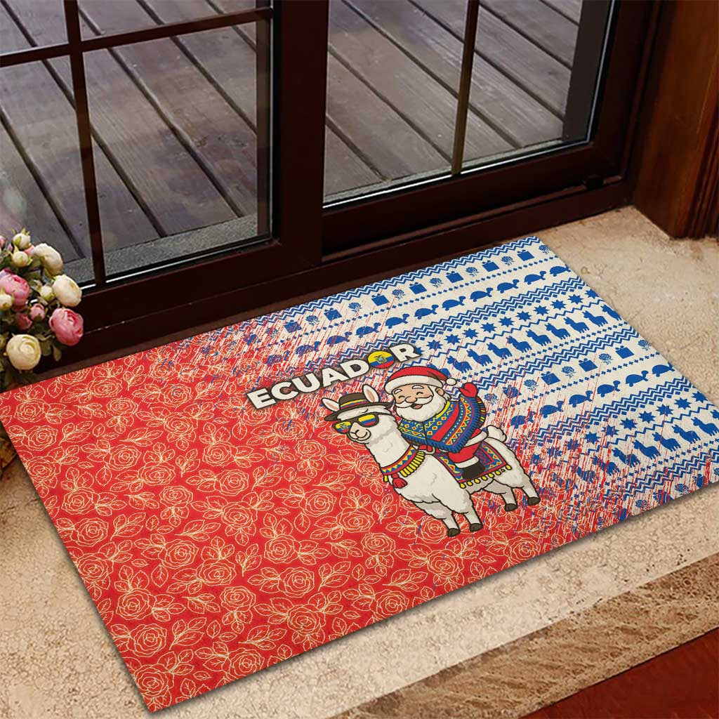Ecuador Christmas Rubber Doormat with Santa Riding Llama Traditional Patterns and Rose Design - Wonder Print Shop