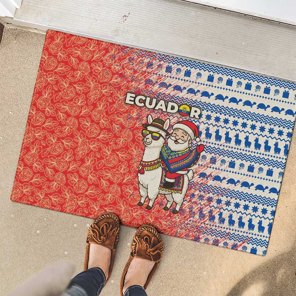 Ecuador Christmas Rubber Doormat with Santa Riding Llama Traditional Patterns and Rose Design - Wonder Print Shop