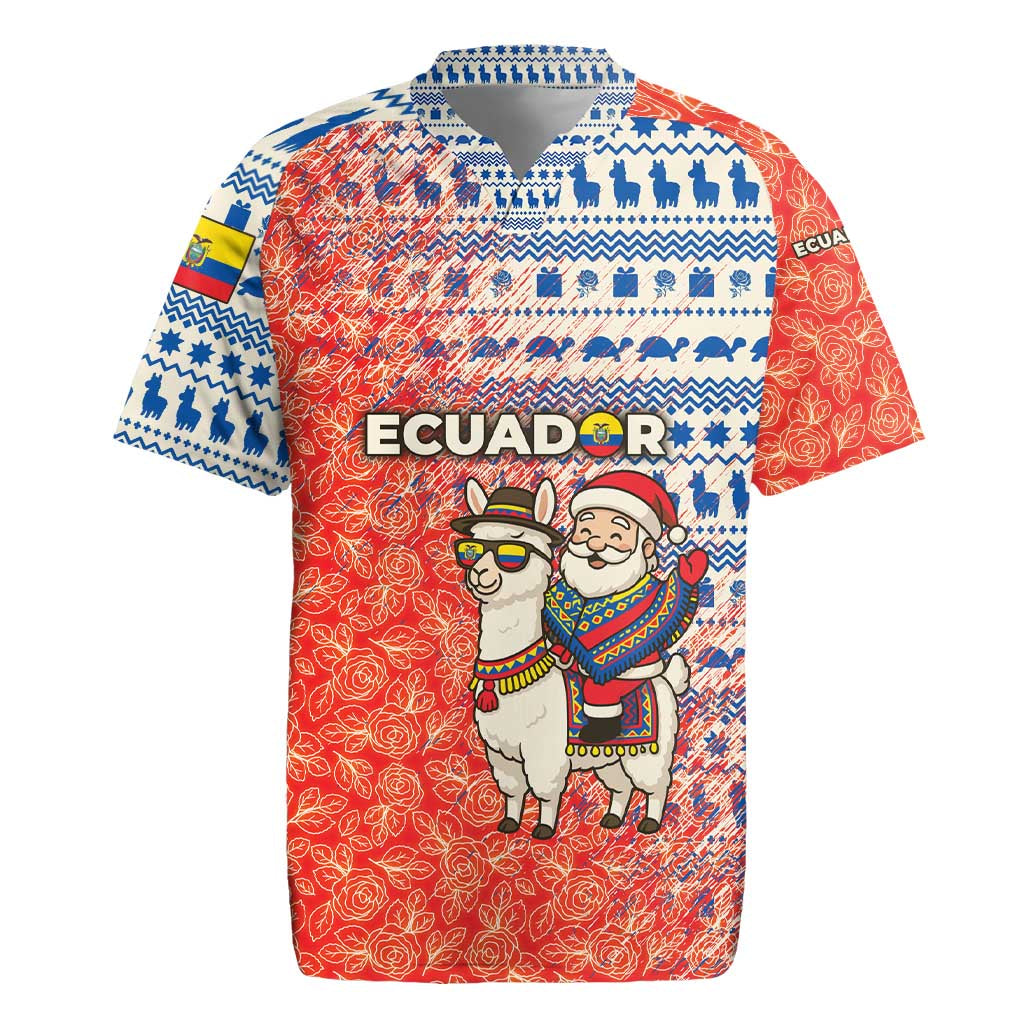 Ecuador Christmas Rugby Jersey with Santa Riding Llama Traditional Patterns and Rose Design - Wonder Print Shop