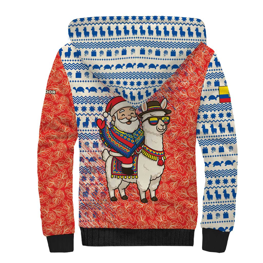 Ecuador Christmas Sherpa Hoodie with Santa Riding Llama Traditional Patterns and Rose Design - Wonder Print Shop