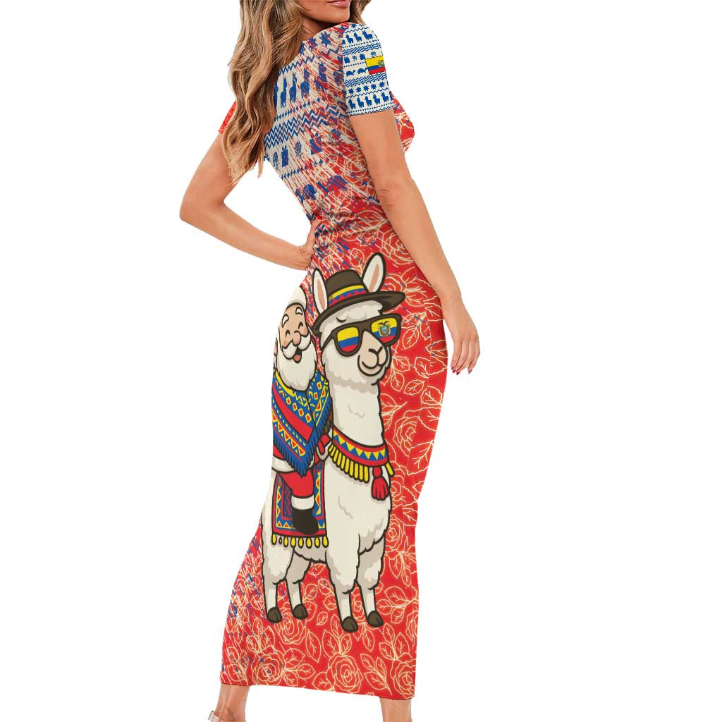 Ecuador Christmas Short Sleeve Bodycon Dress with Santa Riding Llama Traditional Patterns and Rose Design - Wonder Print Shop
