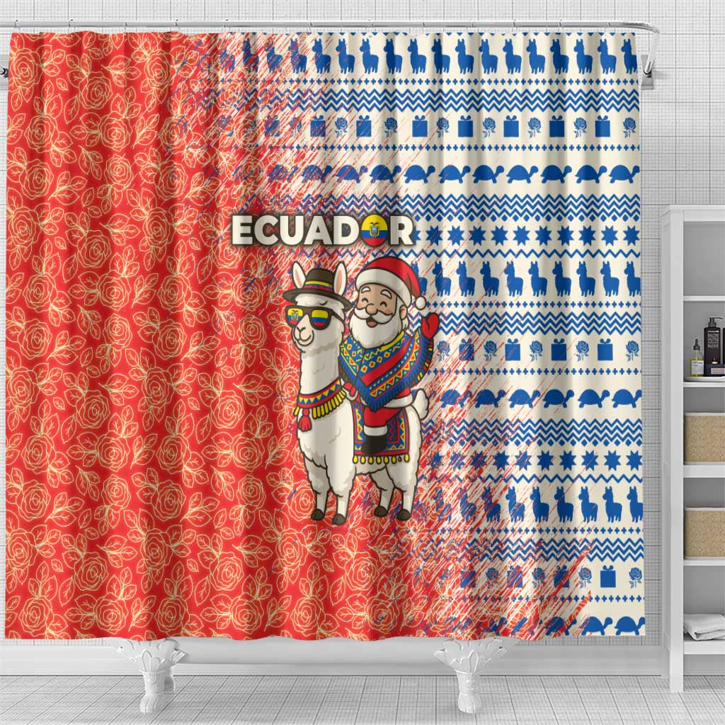 Ecuador Christmas Shower Curtain with Santa Riding Llama Traditional Patterns and Rose Design - Wonder Print Shop