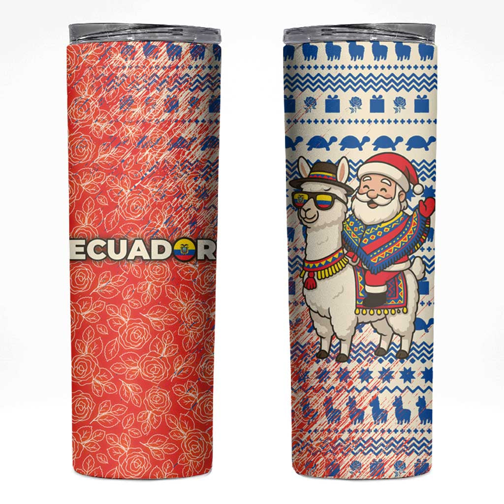 Ecuador Christmas Skinny Tumbler with Santa Riding Llama Traditional Patterns and Rose Design - Wonder Print Shop