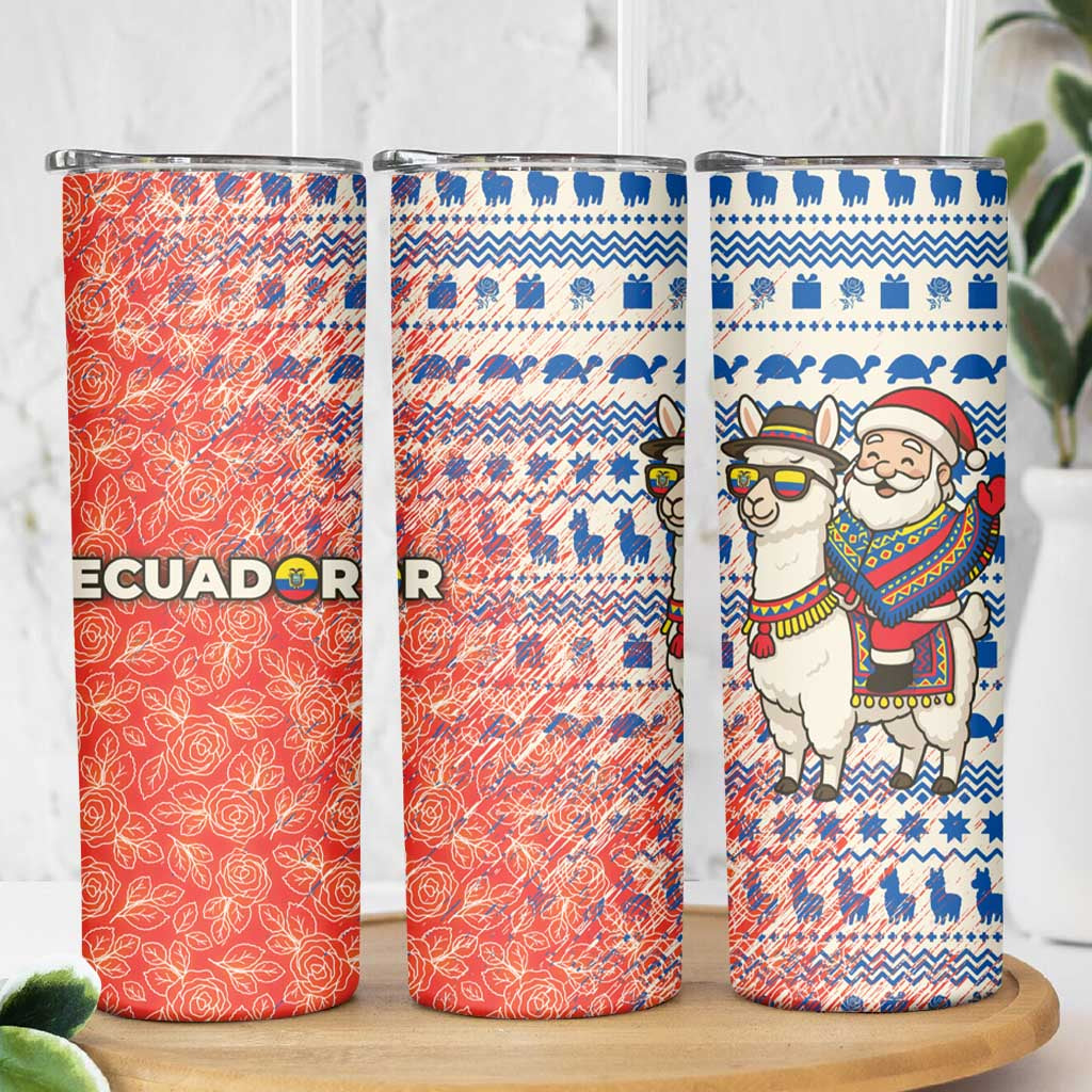 Ecuador Christmas Skinny Tumbler with Santa Riding Llama Traditional Patterns and Rose Design - Wonder Print Shop