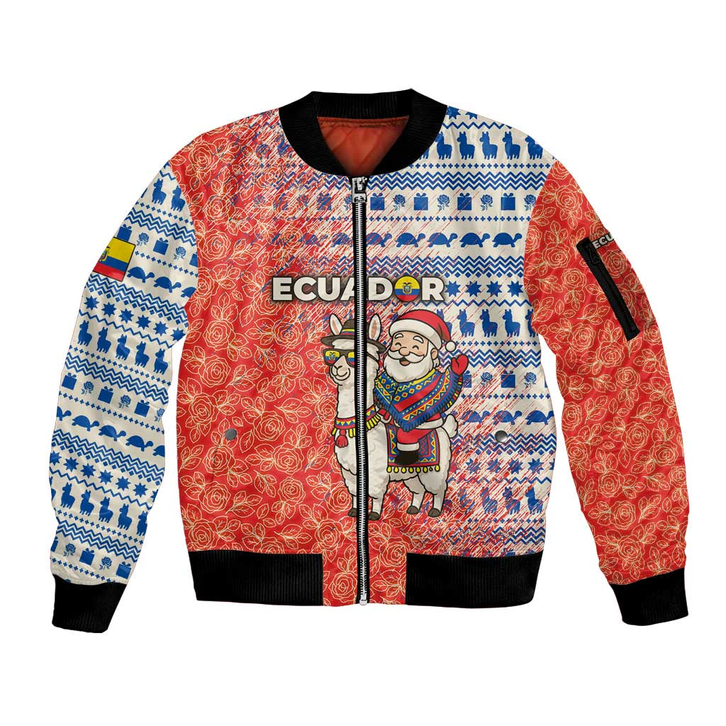 Ecuador Christmas Sleeve Zip Bomber Jacket with Santa Riding Llama Traditional Patterns and Rose Design - Wonder Print Shop