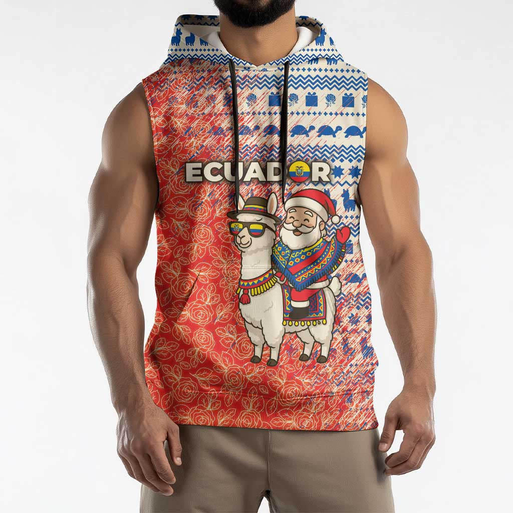 Ecuador Christmas Sleeveless Hoodie with Santa Riding Llama Traditional Patterns and Rose Design - Wonder Print Shop