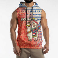 Ecuador Christmas Sleeveless Hoodie with Santa Riding Llama Traditional Patterns and Rose Design - Wonder Print Shop