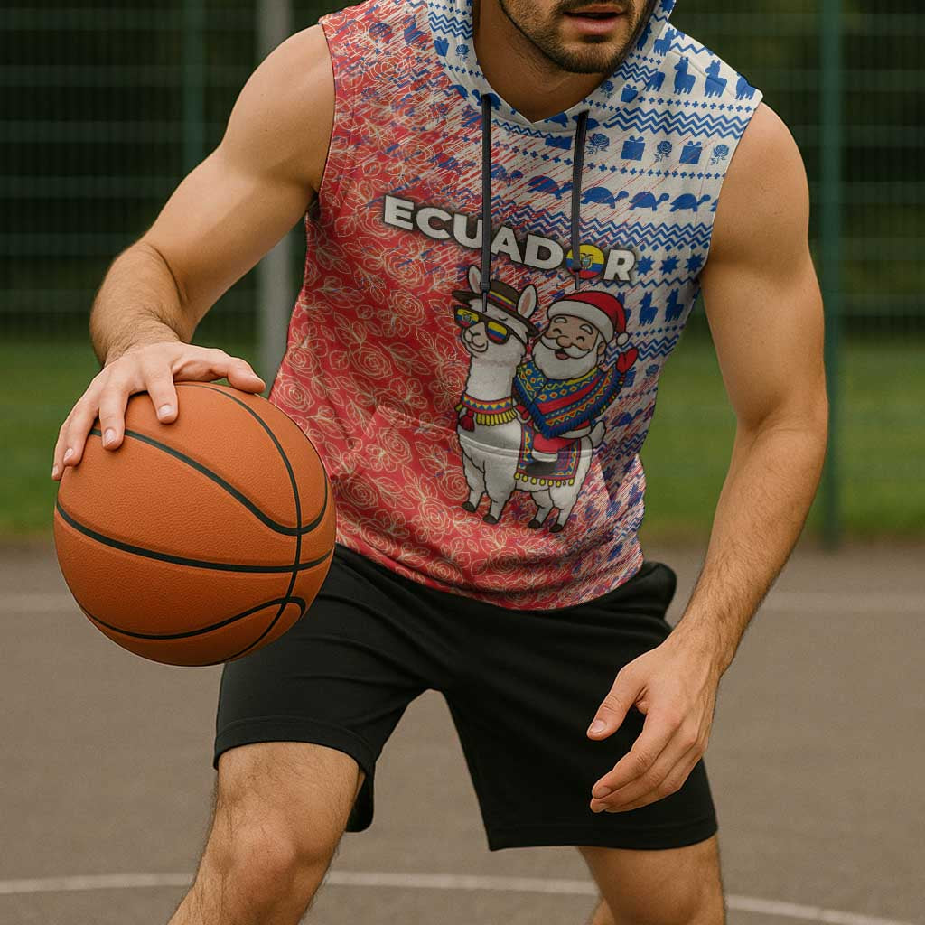 Ecuador Christmas Sleeveless Hoodie with Santa Riding Llama Traditional Patterns and Rose Design - Wonder Print Shop