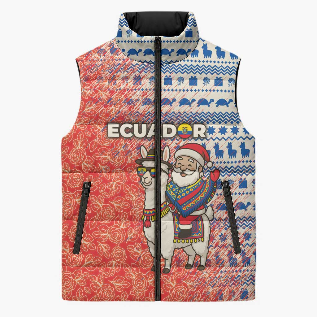 Ecuador Christmas Sleeveless Puffer Jacket with Santa Riding Llama Traditional Patterns and Rose Design - Wonder Print Shop