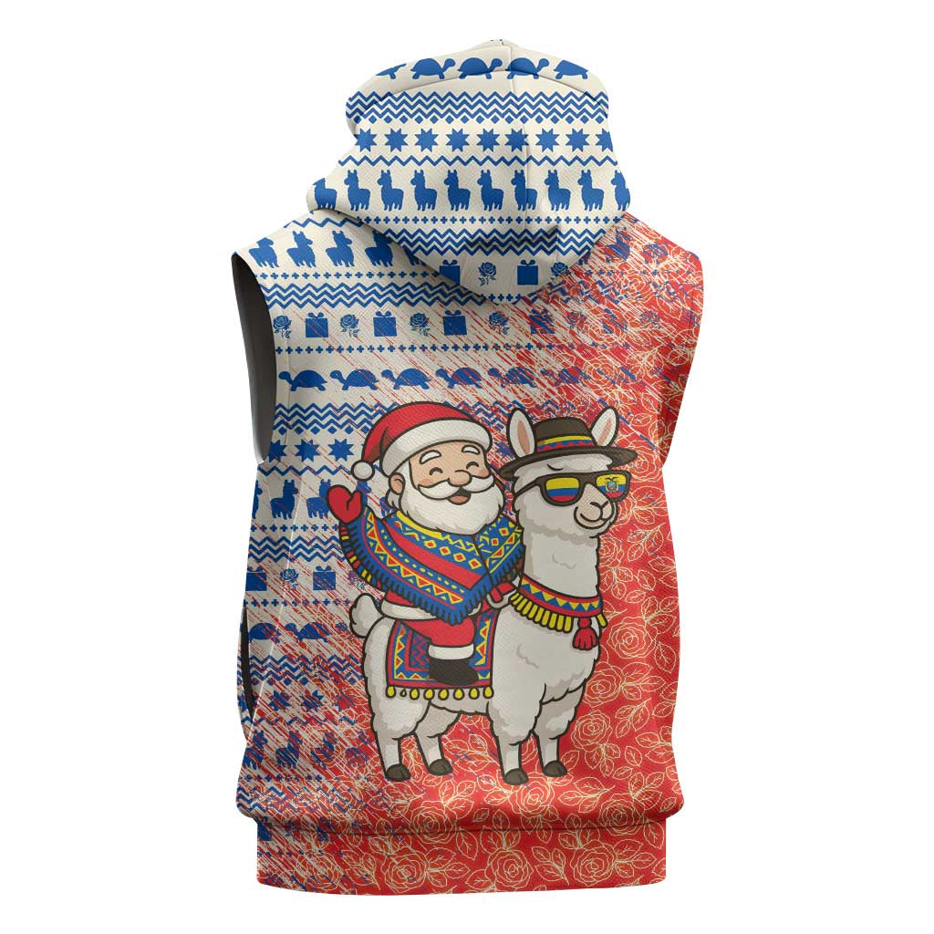 Ecuador Christmas Sleeveless Zip Hoodie with Santa Riding Llama Traditional Patterns and Rose Design - Wonder Print Shop