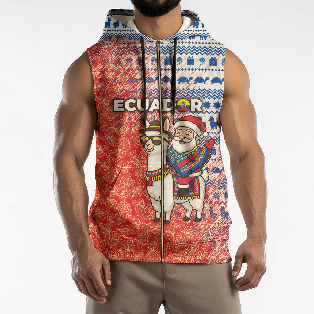 Ecuador Christmas Sleeveless Zip Hoodie with Santa Riding Llama Traditional Patterns and Rose Design - Wonder Print Shop