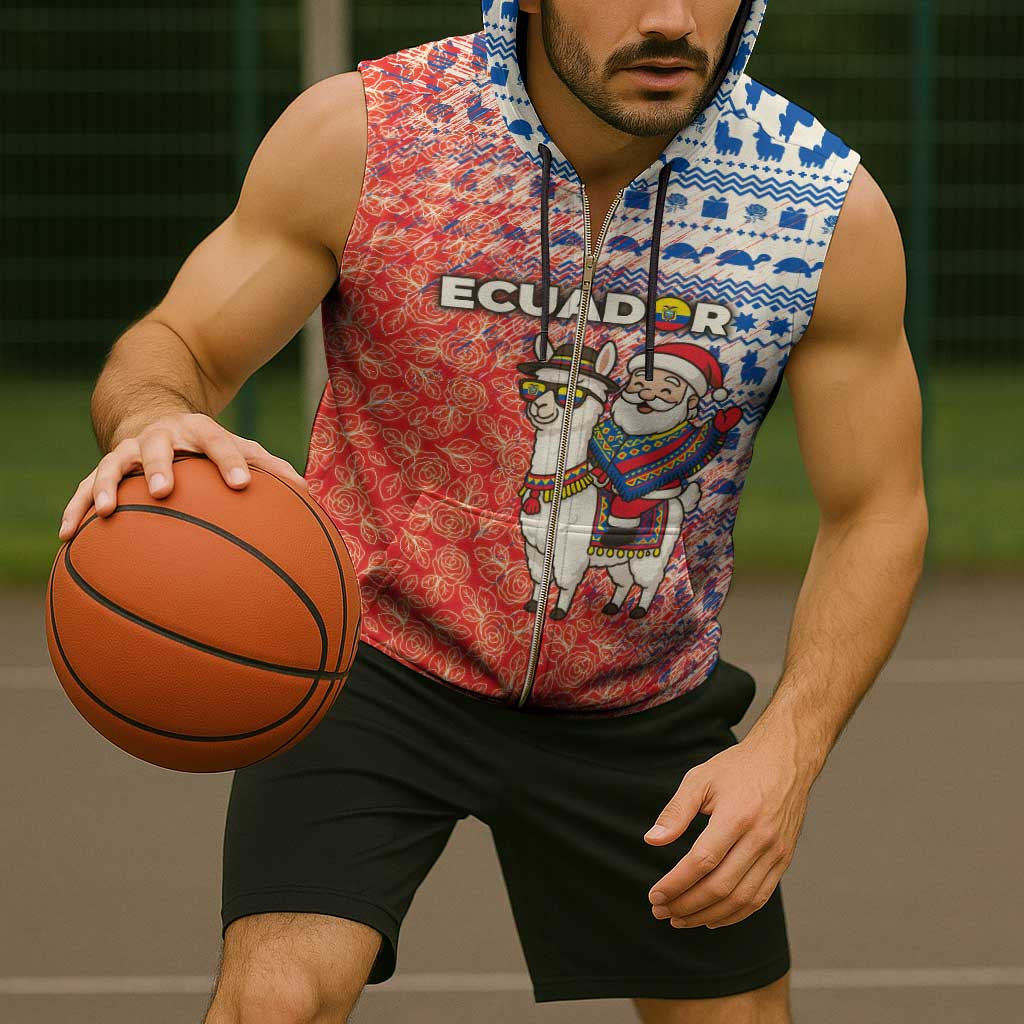 Ecuador Christmas Sleeveless Zip Hoodie with Santa Riding Llama Traditional Patterns and Rose Design - Wonder Print Shop