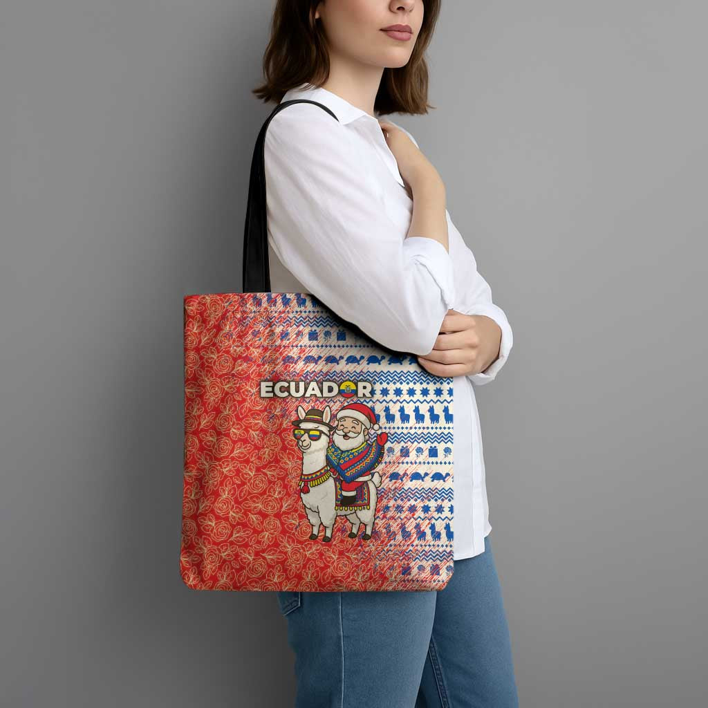 Ecuador Christmas Tote Bag with Santa Riding Llama Traditional Patterns and Rose Design - Wonder Print Shop