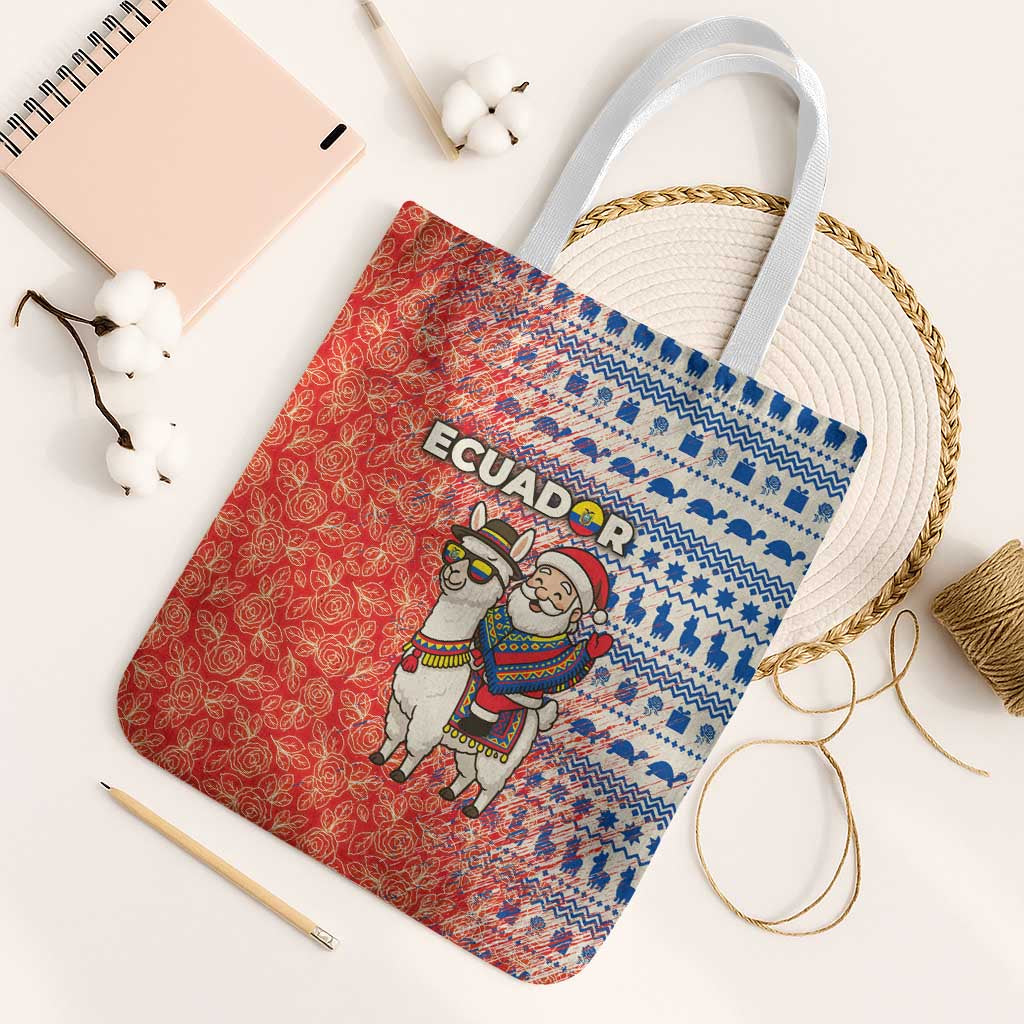 Ecuador Christmas Tote Bag with Santa Riding Llama Traditional Patterns and Rose Design - Wonder Print Shop