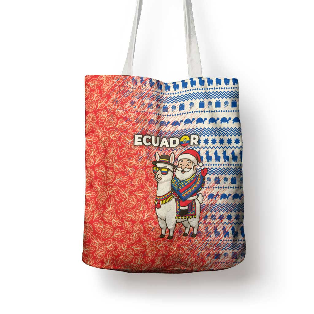 Ecuador Christmas Tote Bag with Santa Riding Llama Traditional Patterns and Rose Design - Wonder Print Shop