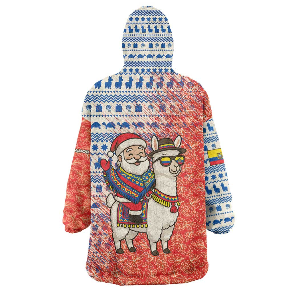 Ecuador Christmas Wearable Blanket Hoodie with Santa Riding Llama Traditional Patterns and Rose Design - Wonder Print Shop