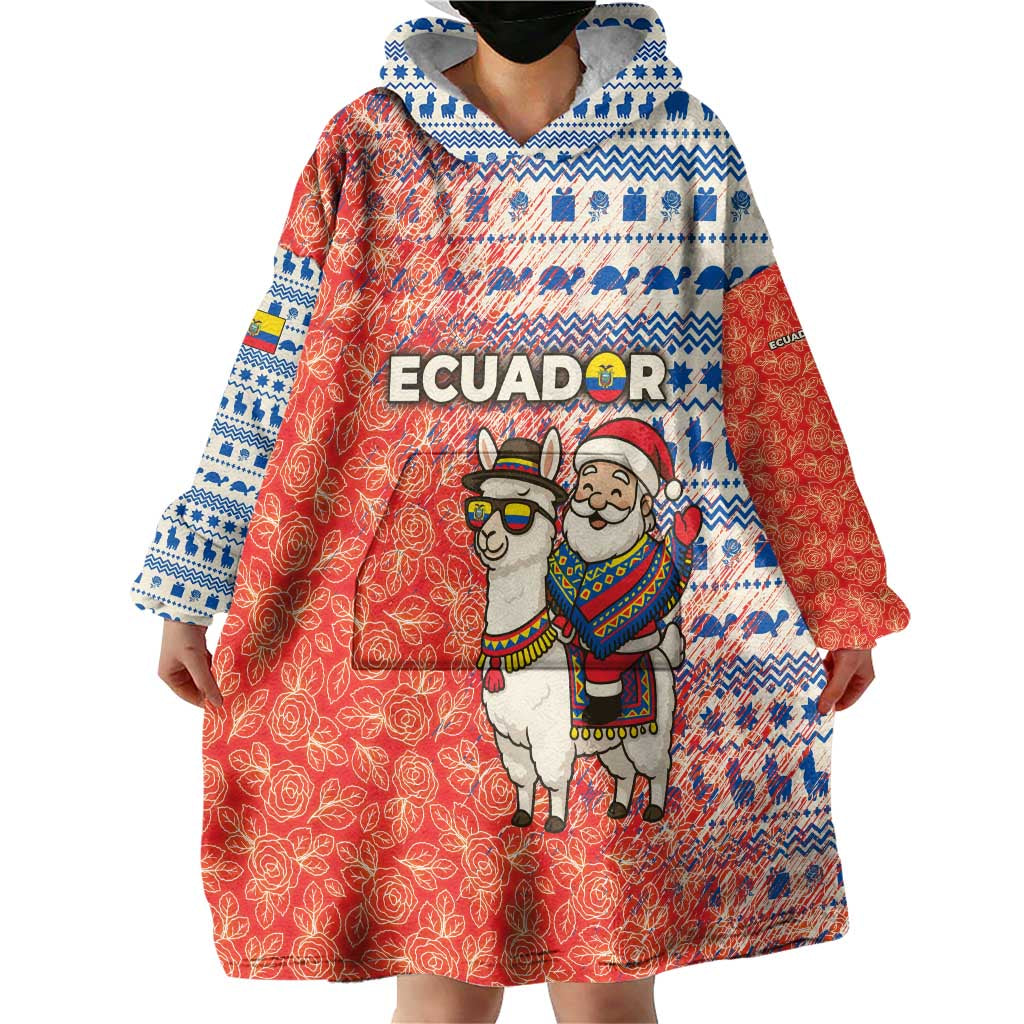 Ecuador Christmas Wearable Blanket Hoodie with Santa Riding Llama Traditional Patterns and Rose Design - Wonder Print Shop