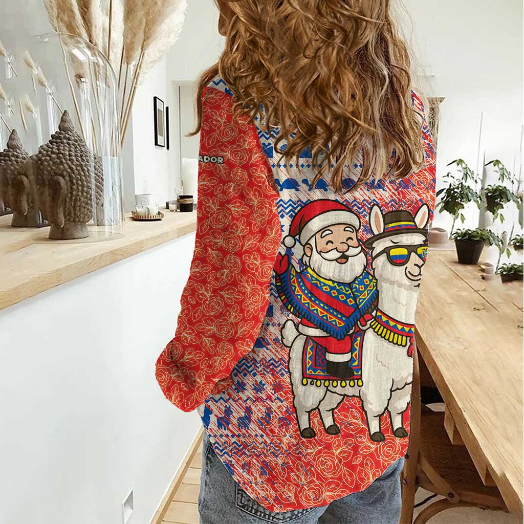 Ecuador Christmas Women Casual Shirt with Santa Riding Llama Traditional Patterns and Rose Design - Wonder Print Shop