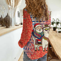 Ecuador Christmas Women Casual Shirt with Santa Riding Llama Traditional Patterns and Rose Design - Wonder Print Shop